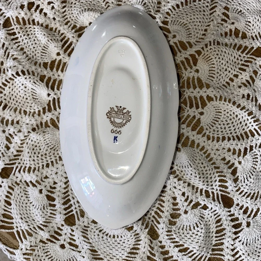 Antique‎ Villeroy & Boch Dresden Gravy Boat Underplate Blue Border c1900 Germany